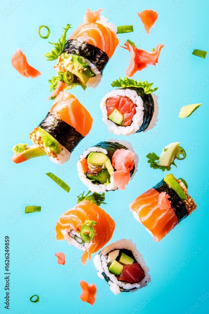 Naklejka premium Assorted sushi rolls with salmon and avocado against blue background