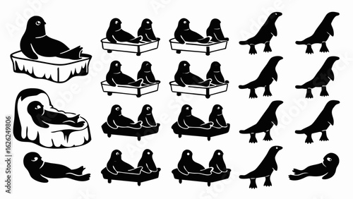 Silhouette illustration showing seals on ice floes and platforms in various poses and groupings isolated