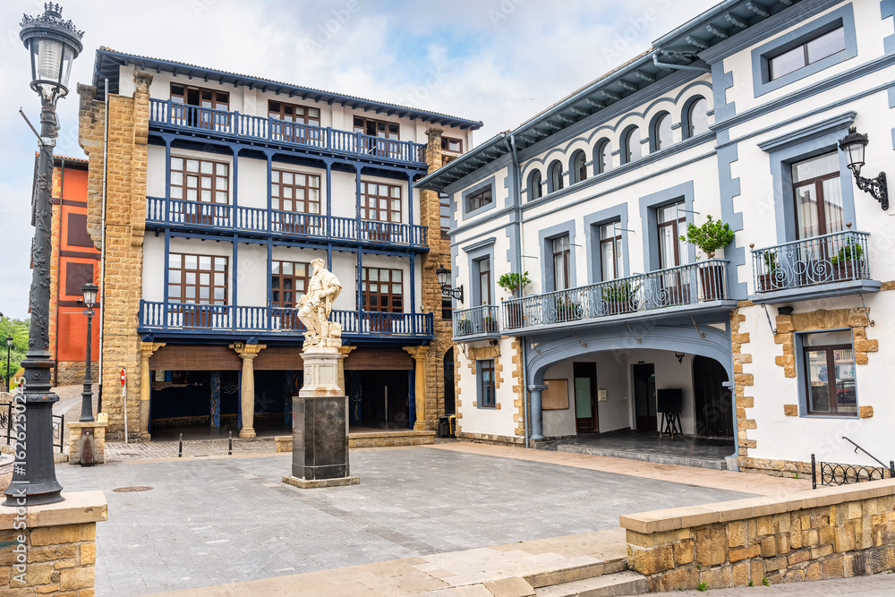 Fototapeta premium Plaza de Elcano in the historic city of Getaria, with old colonial buildings, Basque Country.