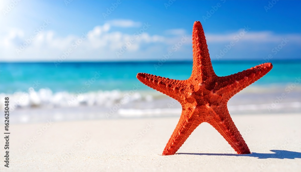 Vibrant Red Starfish on Sandy Beach with Turquoise Ocean and Blue Sky Vibrant Red Starfish on Sandy Beach with Turquoise Ocean and Blue Sky