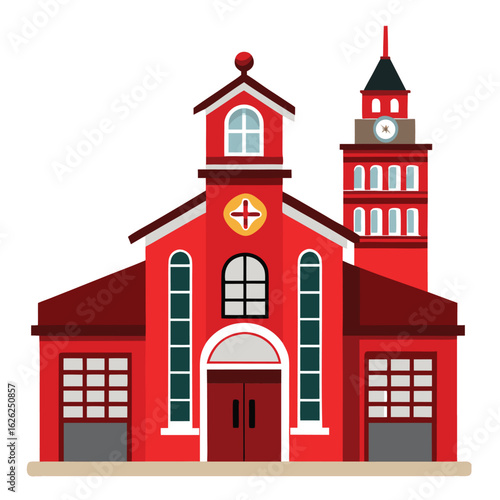 A historic fire station with a bell tower and large bay doors, a classic building from an old era.