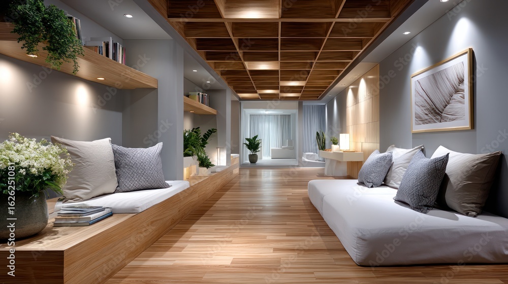 Naklejka premium Tranquil, modern spa hallway with seating areas