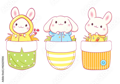 Hello autumn. Little bunny in raincoat in pocket. Baby collection of cute pets in slicker in pockets. Set of vector childish print with rabbits. Can be used for t-shirt, stickers, greeting card design