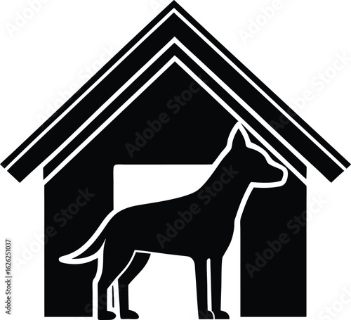 black silhouette a dog in doghouse on white backgr.eps