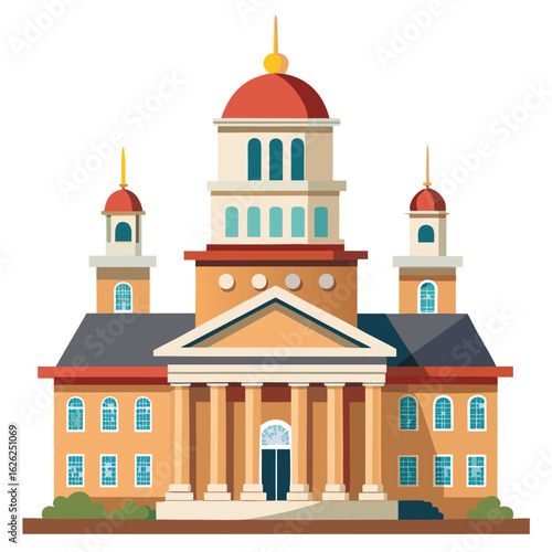 A historic courthouse with a grand clock tower, on a clean background, a classic and powerful public building.