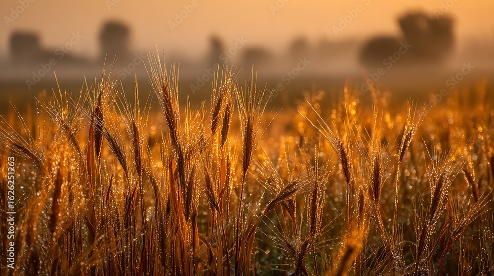 Obraz premium Golden Wheat Field at Sunrise with Dew Drops