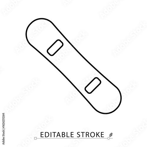 A snowboard icon in minimalist style with editable stroke. Winter sport equipment, mountain gear, snow ride object, extreme sport element, alpine activity, freestyle board, outline design, flat shape.