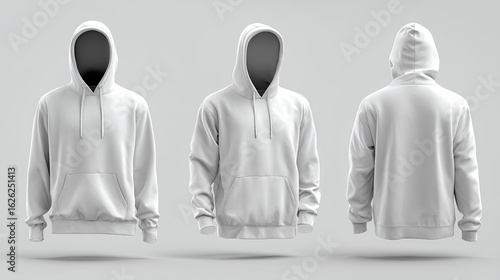 Isolated 3D blank white hoodie mockup with multiple angles. Pullover sweatshirt template showing front, back, and side views for apparel design.