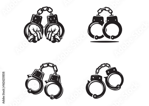 Handcuffs crime vector silhouette logo illustration handcuffs logo icon silhouette vector, police handcuff silhouette vector, handcuffs arrest criminal logo silhouettes vector on a white background