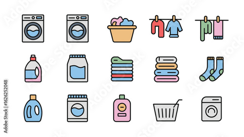 Colorful Laundry Icons Set Featuring Washing Machines Clothesline Laundry Detergent Powder Soaps Socks and Folded Clothes in Flat Cartoon Style