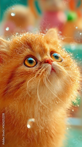 Playful Orange Persian Kitten With Sparkling Water
