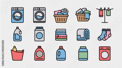 Colorful Laundry Icons Set Featuring Washing Machines Laundry Baskets Clothesline Socks Detergents and Folded Clothes
