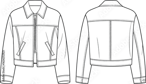 Jacket flat sketch, vector CAD drawing with front and back view, technical fashion illustration, apparel design, template for outerwear