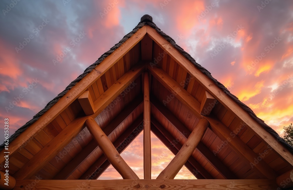 Obraz premium Wooden roof peak framing vibrant sunset sky with orange and pink clouds. Exposed timber beams showcase intricate construction details, creating warm, inviting architectural element against twilight.