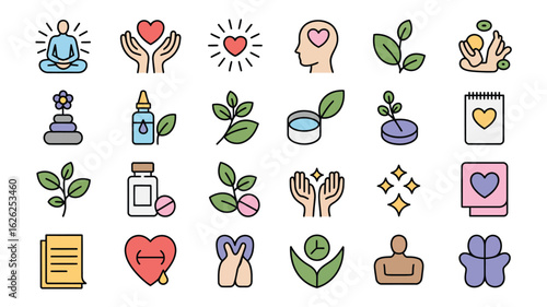 Colorful Wellness Icons Collection Featuring Meditation Yoga Heart Hands Plants Pills Notes and More Holistic Health Symbols