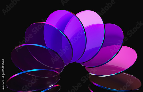 Abstract dynamic layered transparent crystal glass on dark background. 3d rendering