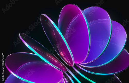 Abstract dynamic layered transparent crystal glass on dark background. 3d rendering