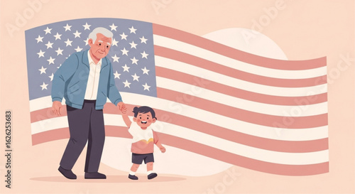 An illustration featuring an elderly man and a young child in front of the American flag