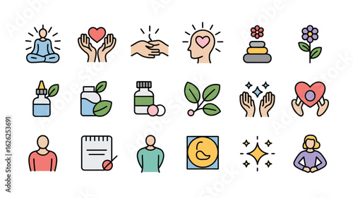 Colorful Wellness Icons Set Mind Body Spirit Holistic Health Care Symbols Collection Meditation Yoga Supplements Pills Natural Remedies Self Care