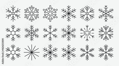 Eighteen Black Outline Snowflake Designs Winter Holiday Season Symbols Collection Geometric Minimalist Style Line Art Snowflakes Set