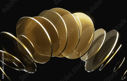 Abstract dynamic layered transparent crystal glass on dark background. 3d rendering