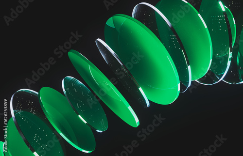Abstract dynamic layered transparent crystal glass on dark background. 3d rendering