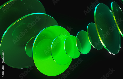 Abstract dynamic layered transparent crystal glass on dark background. 3d rendering