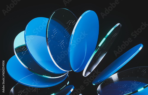 Abstract dynamic layered transparent crystal glass on dark background. 3d rendering