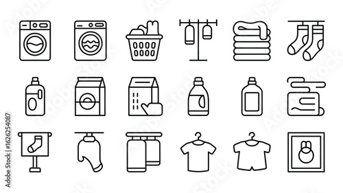 Laundry Day Icon Set Black and White Line Art Graphic Design Elements for Website Mobile App or Print Media Featuring Washing Machines Laundry 1