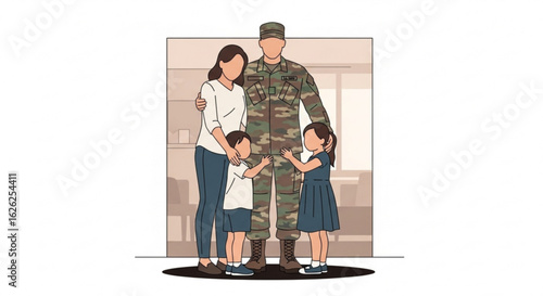 Emotional homecoming of a military father with his family vector illustration