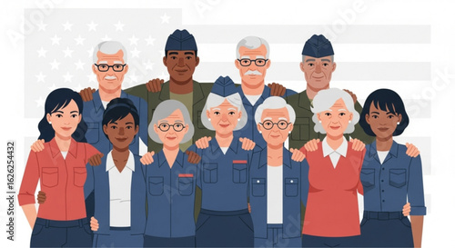 Diverse group of veterans standing together in front of the american flag backdrop