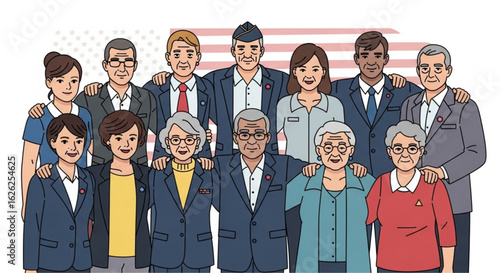 Diverse group of older American citizens standing proudly with US flag backdrop