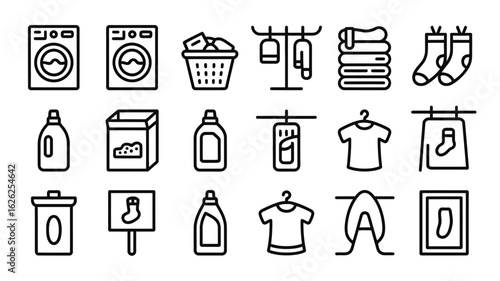Laundry Day Icon Set Black and White Line Art Washing Machine Clothes Dryer Detergent Soap Powder Basket Socks T Shirt Drying Rack