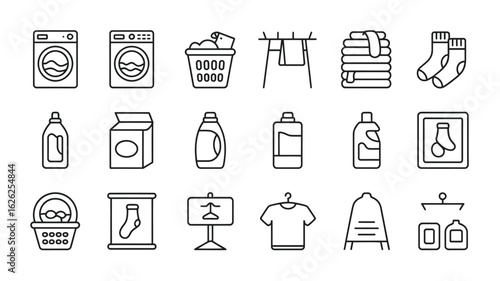 Laundry Day Icon Set Black and White Line Art Washing Machine Clothesline Detergent Socks Basket