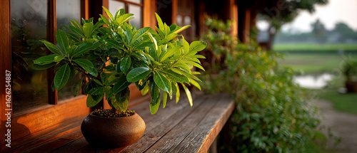 Lush plant basking by wooden house