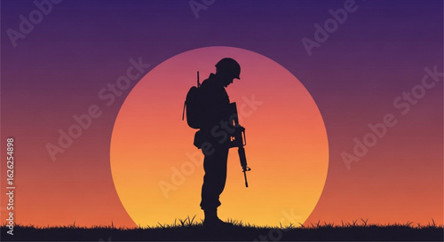 Silhouette of a soldier standing guard against a vibrant sunset backdrop on a field