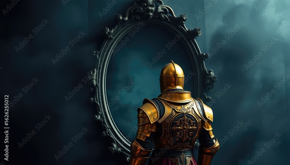 Fototapeta premium Knight in golden armor standing in front of a dark enchanted mirror that reflects a different world, symbolic and mystical atmosphere