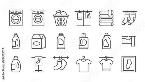 Laundry Day Icon Set Black and White Line Art Washing Machine Detergent Clothesline Socks Basket Fabric Softener