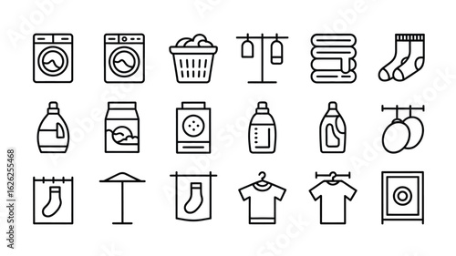 Laundry Day Icon Set Black Line Art Washing Machine Clothes Dryer Detergent Soap Powder Basket Socks Drying Rack Hanger T Shirt