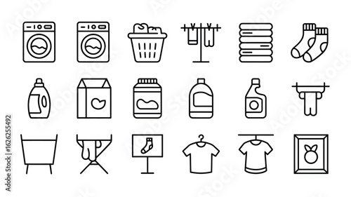 Laundry Day Icon Set Black Outline Style Washing Machine Clothes Basket Detergent Soap Powder Socks Drying Rack Hanger T Shirt
