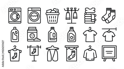 Laundry Day Icon Set Black Outline Style Washing Machine Clothes Dryer Detergent Powder Fabric Softener Laundry Basket Clothes Hangers Socks T