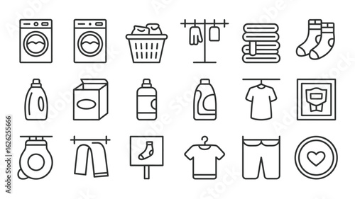Laundry Day Icon Set Black Outline Style Washing Machine Clothes Dryer Detergent Soap Powder Basket Socks Towels T Shirt Pants Hanger Drying
