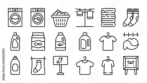 Laundry Day Icon Set Line Art Style Black and White Washing Machine Clothesline Detergent Soap Powder Socks T Shirt Drying Rack