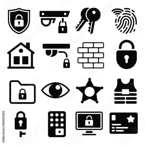 Photo of a collection of security and safety icons including locks, keys, fingerprint, house, gun, camera, and badge