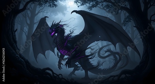 A formidable shadow dragon with luminous purple accents, poised within a mystical, moonlit woodland setting.