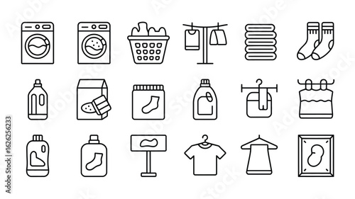 Laundry Day Line Art Icons Collection Featuring Washing Machines Laundry Baskets Clothes Drying Racks Detergents Socks and Clothing Items in