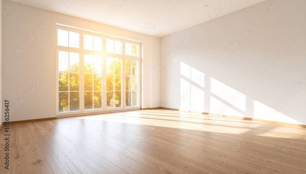 Obraz premium Golden Sunlight Floods a New, Empty Room with Polished Hardwood Floors