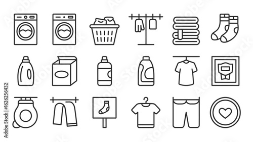 Laundry Day Line Art Icons Collection Washing Machine Clothes Dryer Detergent Soap Powder Basket Socks Towels T Shirt Pants Hanger Laundry Symbols
