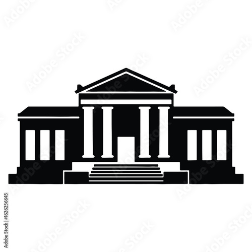 Black and white illustration of a classical building with pillars and pediment design