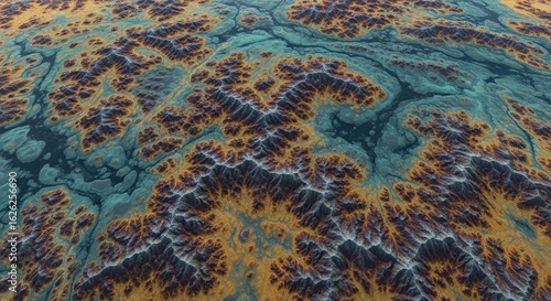 An abstract, vibrant topographical view of a mountain range with intricate, dendritic patterns.